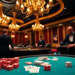 Players enjoying the nk88 bet experience at a vibrant poker table surrounded by a luxurious casino.