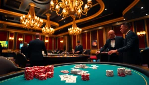 Players enjoying the nk88 bet experience at a vibrant poker table surrounded by a luxurious casino.