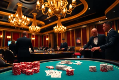 Players enjoying the nk88 bet experience at a vibrant poker table surrounded by a luxurious casino.