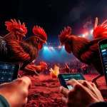 Live cockfighting match scene with digital betting from sv368win.live, showcasing vibrant intensity and excitement.