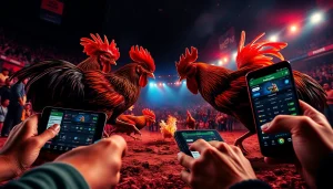 Live cockfighting match scene with digital betting from sv368win.live, showcasing vibrant intensity and excitement.