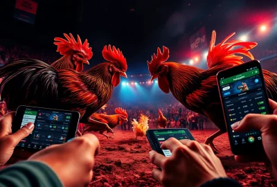 Live cockfighting match scene with digital betting from sv368win.live, showcasing vibrant intensity and excitement.