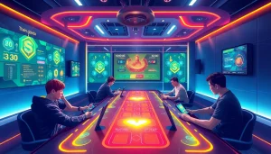 Engaging scene of players enjoying card games at gamebaidoithuong.com.vc, showcasing a high-tech gaming environment.