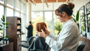 Best hair salon San Diego showcasing a skilled stylist working on a client's vibrant hair color in a modern salon setting.